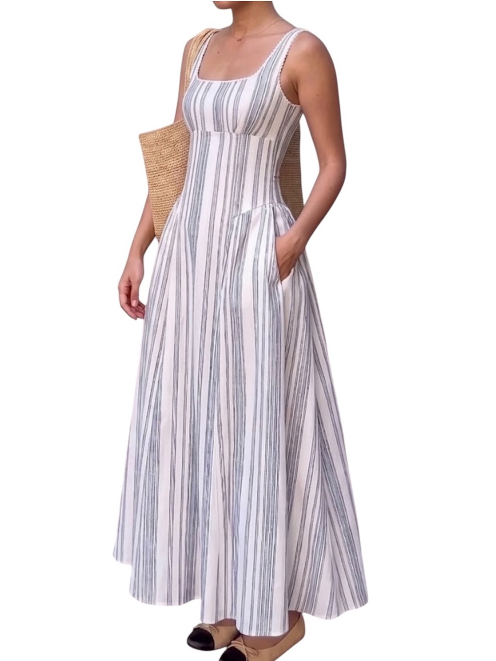 Commense Lace Trim Square Neck Striped Midi Dress XS NWT Blue White Pockets